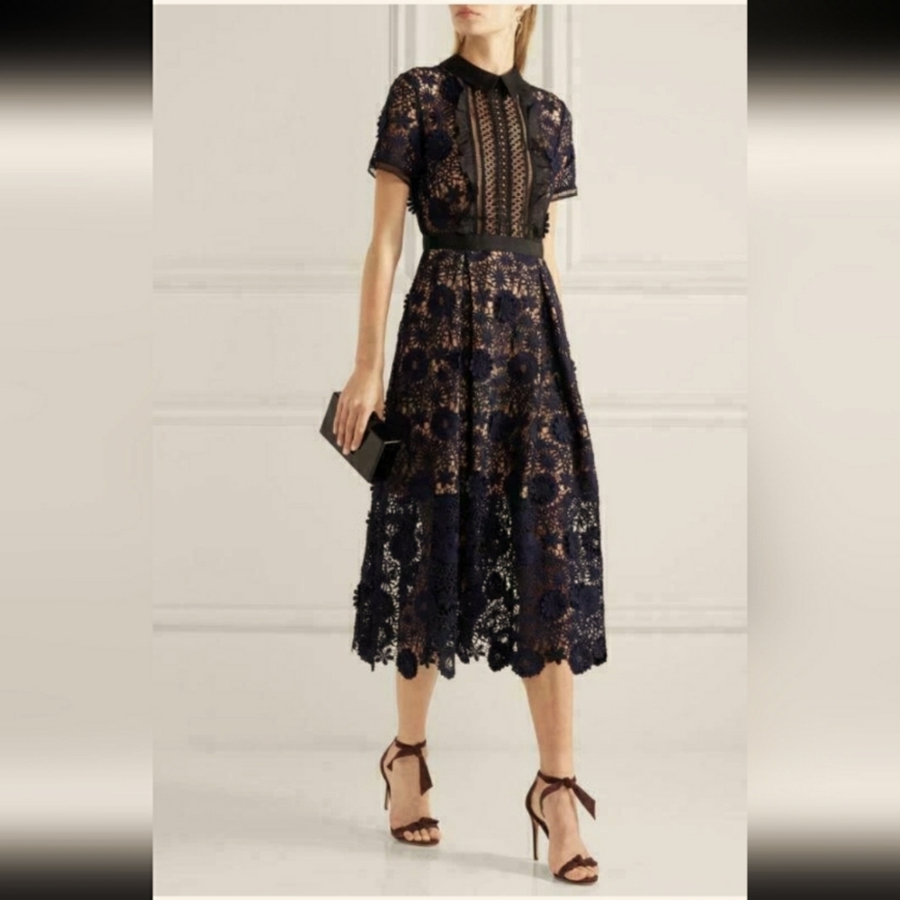 Few Moda NY hollow transparent cotton Elegant Navy Lace Black Goth Midi Dress